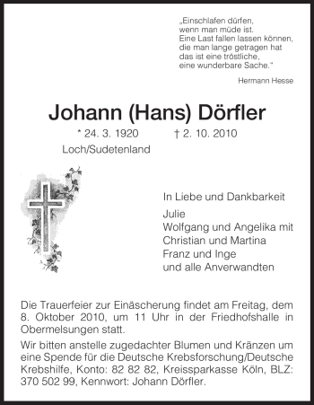 Traueranzeige von Johann Dörfler von HNA