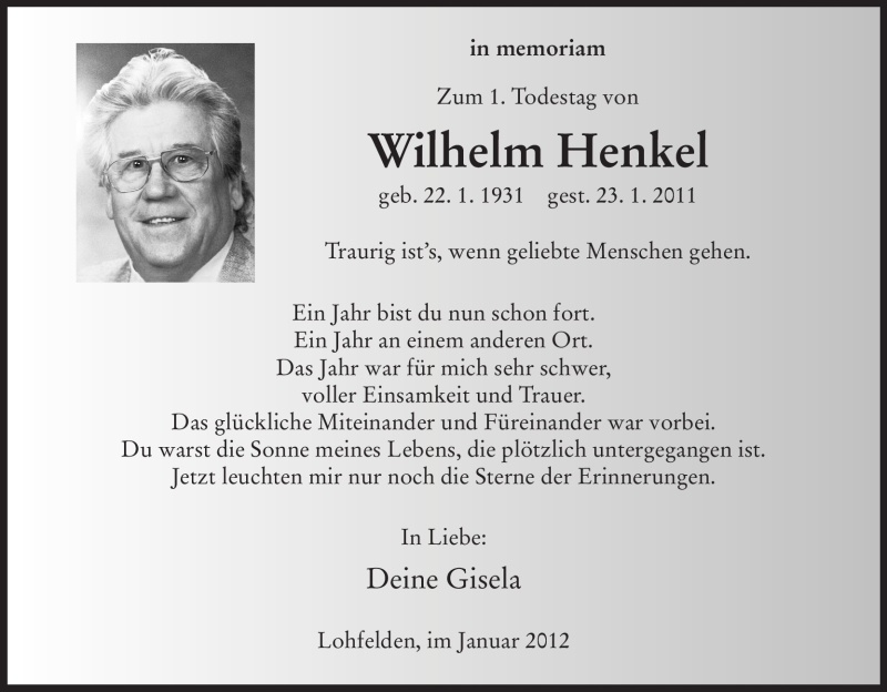  Traueranzeige für Wilhelm Henkel vom 23.01.2012 aus HNA