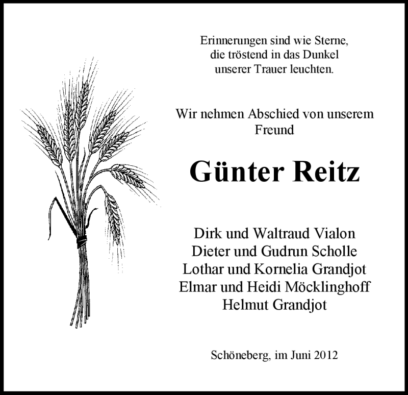  Traueranzeige für Günter Reitz vom 06.06.2012 aus HNA
