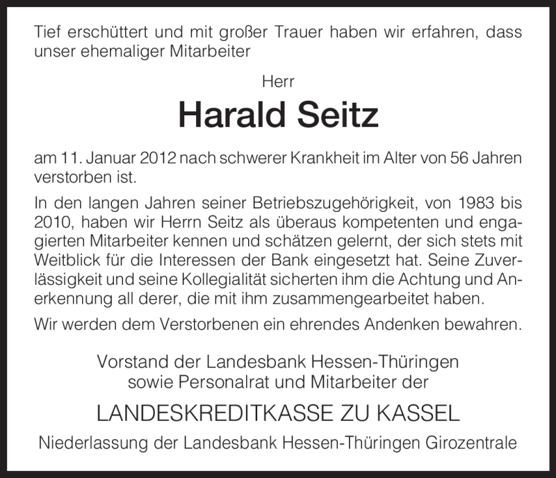  Traueranzeige für Harald Seitz vom 14.01.2012 aus HNA