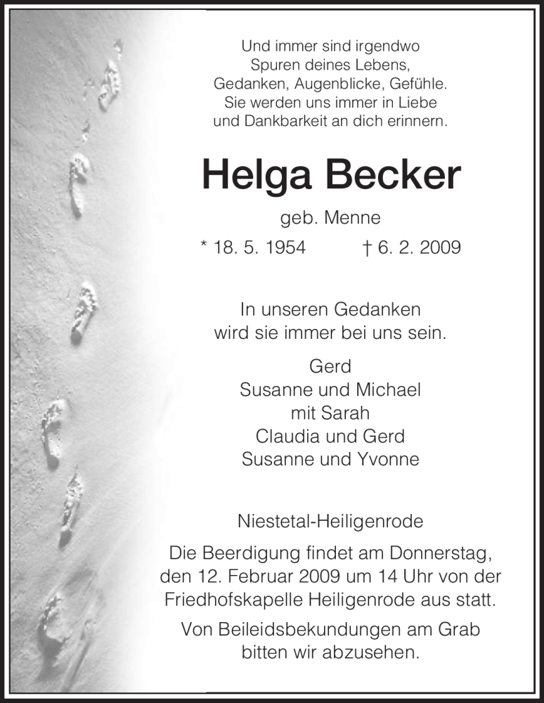  Traueranzeige für Helga Becker vom 10.02.2009 aus HNA