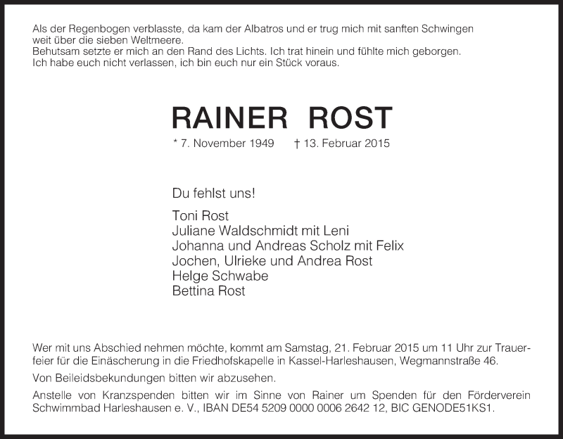  Traueranzeige für Rainer Rost vom 18.02.2015 aus HNA