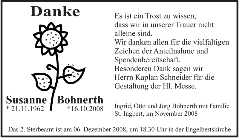  Traueranzeige für Susanne Bohnerth vom 22.11.2008 aus HNA