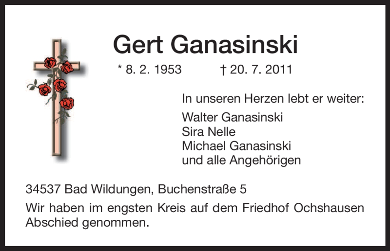  Traueranzeige für Gert Ganasinski vom 20.08.2011 aus HNA