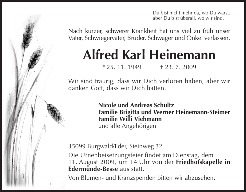  Traueranzeige für Alfred Karl Heinemann vom 07.08.2009 aus HNA