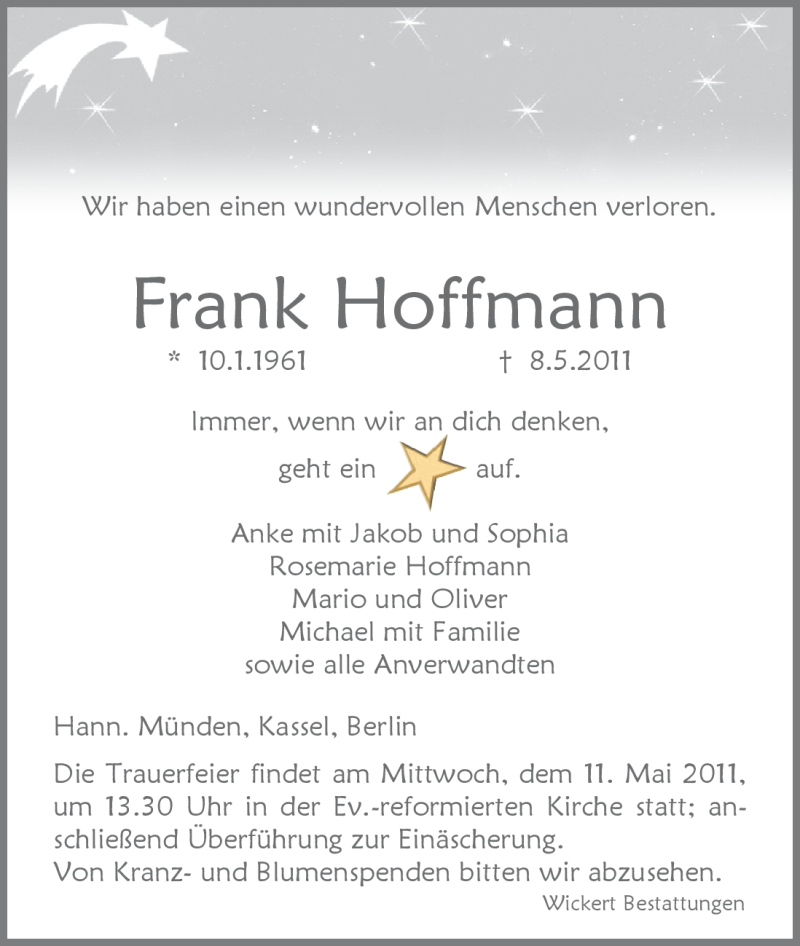  Traueranzeige für Frank Hoffmann vom 10.05.2011 aus HNA