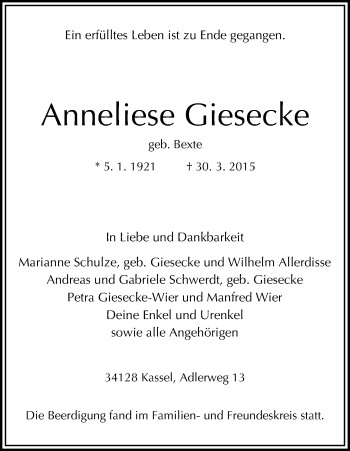 Traueranzeige von Anneliese Giesecke von HNA