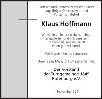 Traueranzeige von Klaus Hoffmann von HNA
