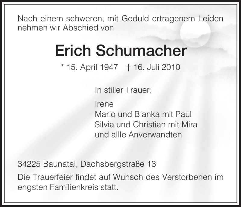  Traueranzeige für Erich Schumacher vom 19.07.2010 aus HNA
