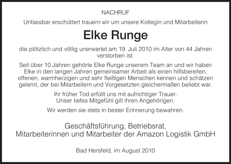  Traueranzeige für Elke Runge vom 07.08.2010 aus HNA