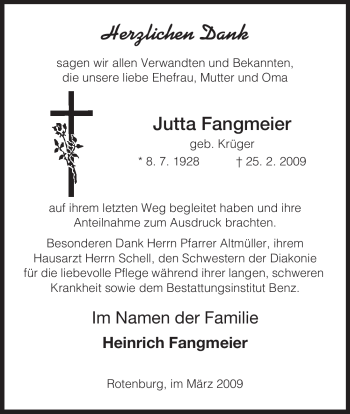 Traueranzeige von Jutta Fangmeier von HNA