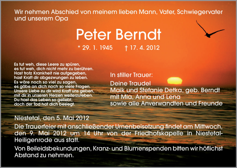  Traueranzeige für Peter Berndt vom 05.05.2012 aus HNA