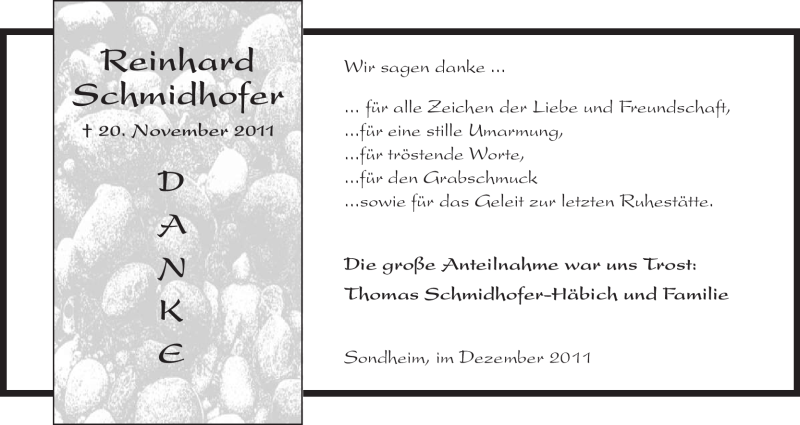  Traueranzeige für Reinhard Schmidhofer vom 10.12.2011 aus HNA