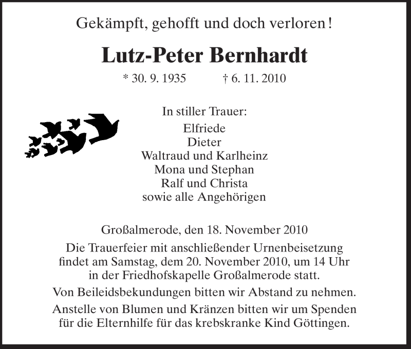  Traueranzeige für Lutz-Peter Bernhardt vom 18.11.2010 aus HNA