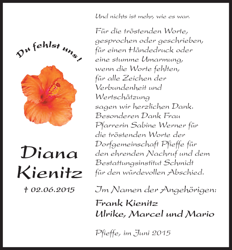  Traueranzeige für Diana Kienitz vom 27.06.2015 aus HNA