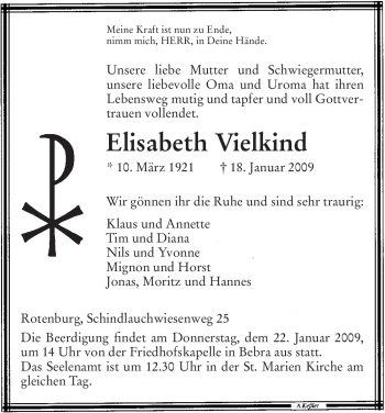 Traueranzeige von Elisabeth Vielkind von HNA