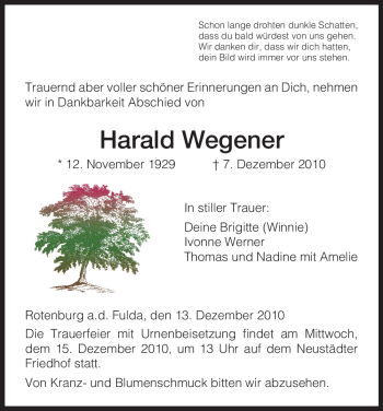 Traueranzeige von Harald Wegener von HNA