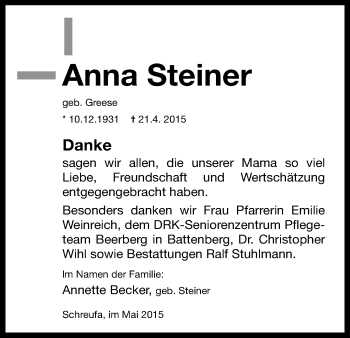 Traueranzeige von Anne Steiner von HNA