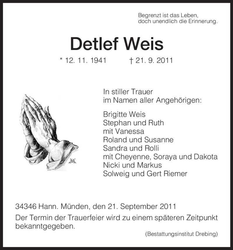  Traueranzeige für Detlef Weis vom 24.09.2011 aus HNA