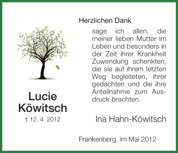 Traueranzeige von Lucie Köwitsch von HNA