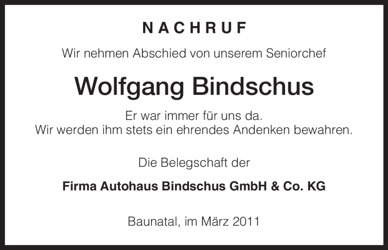  Traueranzeige für Wolfgang Bindschus vom 25.03.2011 aus HNA
