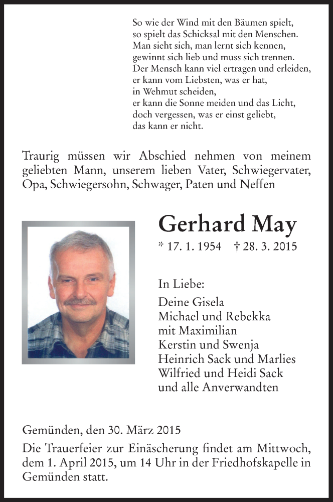  Traueranzeige für Gerhard May vom 30.03.2015 aus HNA