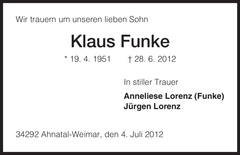  Traueranzeige für Klaus Funke vom 04.07.2012 aus HNA