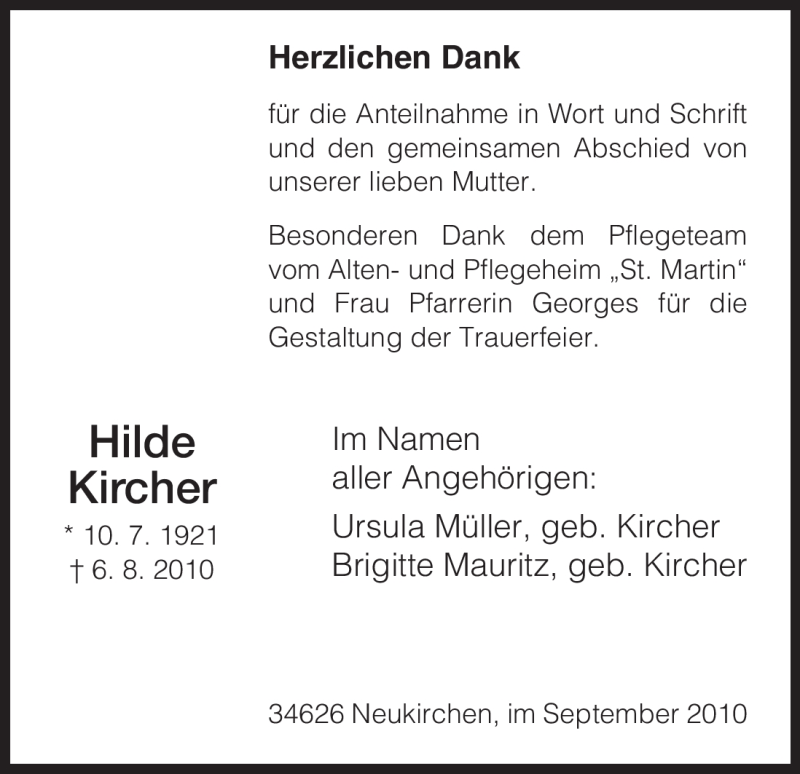  Traueranzeige für Hilde Kircher vom 04.09.2010 aus HNA
