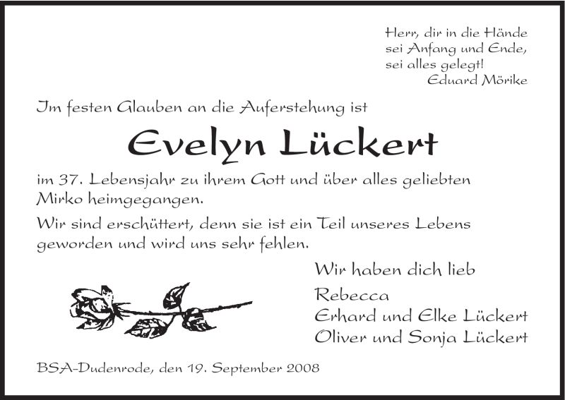  Traueranzeige für Evelyn Lückert vom 19.09.2008 aus HNA