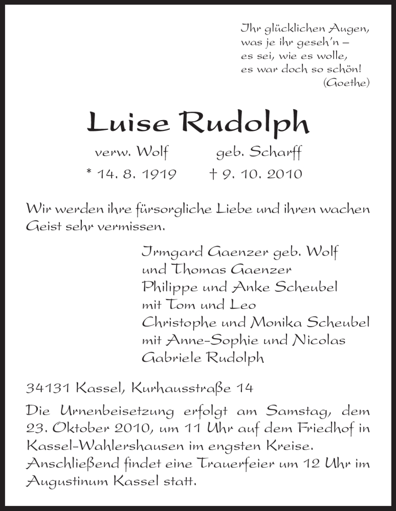  Traueranzeige für Luise Rudolph vom 15.10.2010 aus HNA