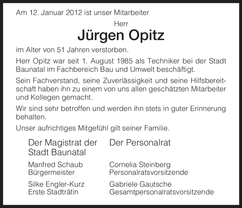  Traueranzeige für Jürgen Opitz vom 17.01.2012 aus HNA