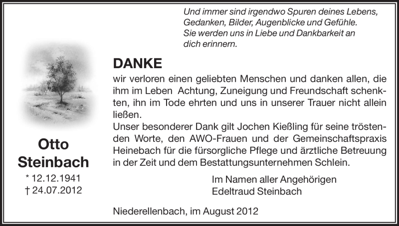  Traueranzeige für Otto Steinbach vom 19.08.2012 aus HNA