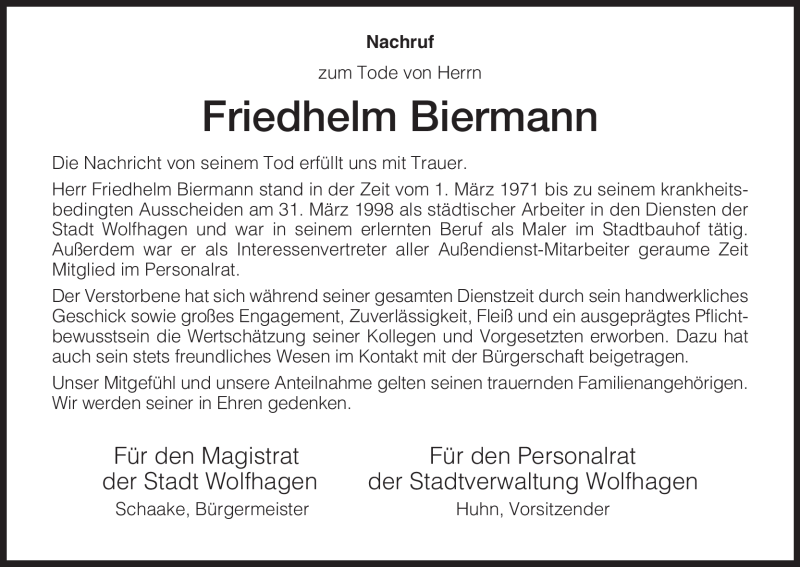  Traueranzeige für Friedhelm Biermann vom 07.08.2009 aus HNA