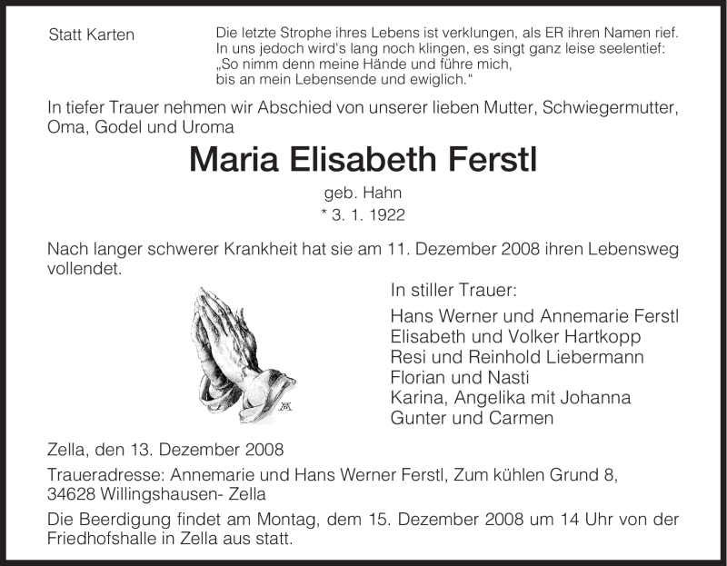  Traueranzeige für Maria Elisabeth Ferstl vom 13.12.2008 aus HNA