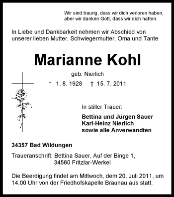 Traueranzeige von Marianne Kohl von HNA
