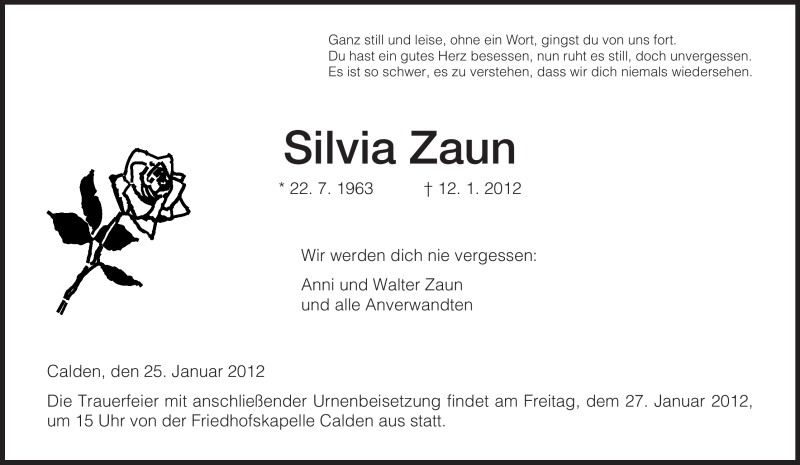  Traueranzeige für Silvia Zaun vom 25.01.2012 aus HNA