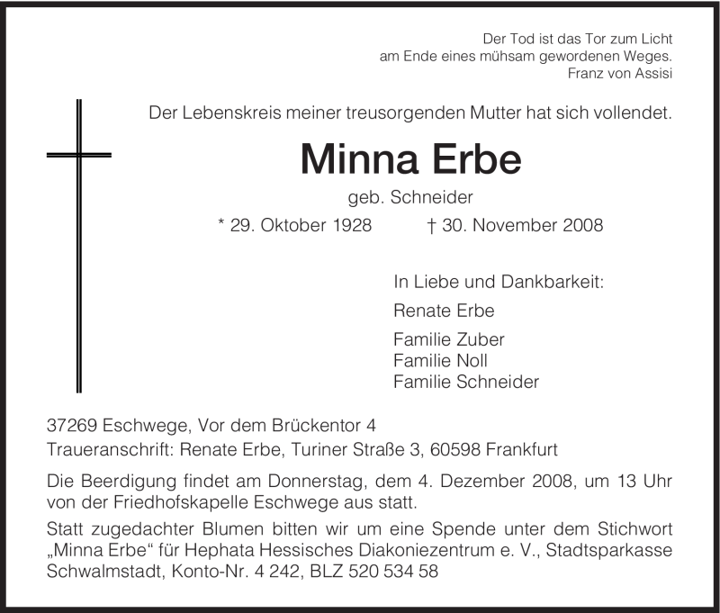  Traueranzeige für Minna Erbe vom 02.12.2008 aus HNA