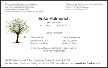Traueranzeige von Erika Helmerich von HNA