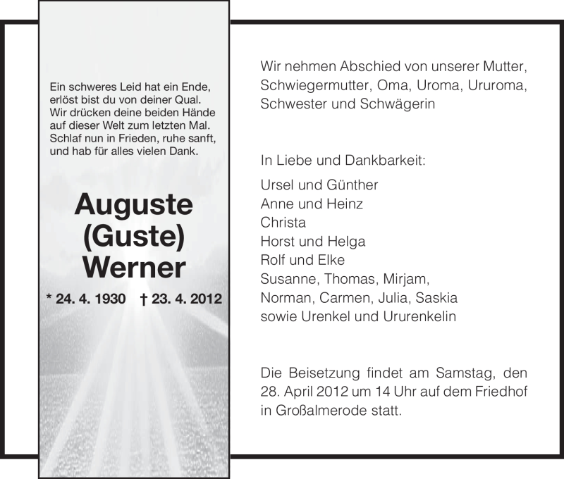  Traueranzeige für Auguste Werner vom 26.04.2012 aus HNA