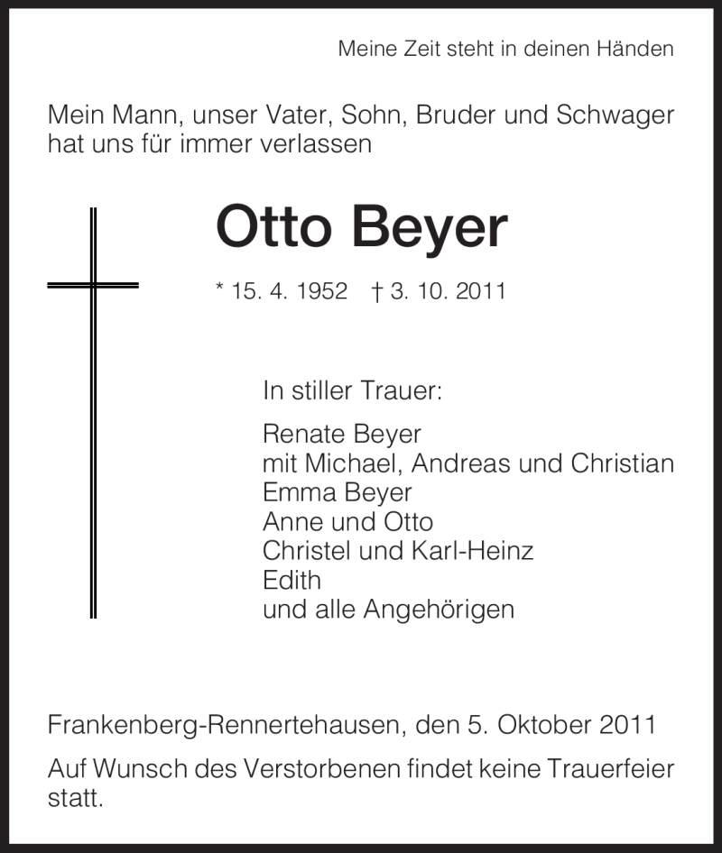  Traueranzeige für Otto Beyer vom 05.10.2011 aus HNA