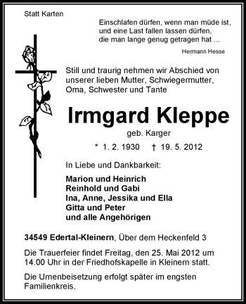 Traueranzeige von Irmgard Kleppe von HNA
