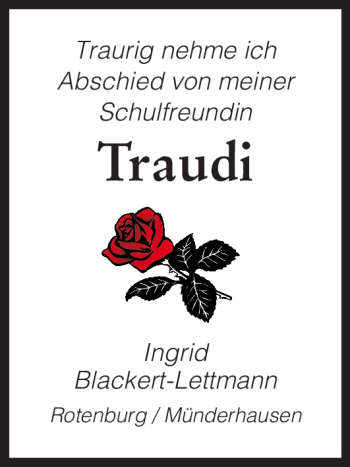 Traueranzeige von Traudi Unbekannt von HNA
