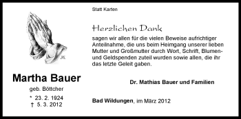 Traueranzeige von Martha Bauer von HNA