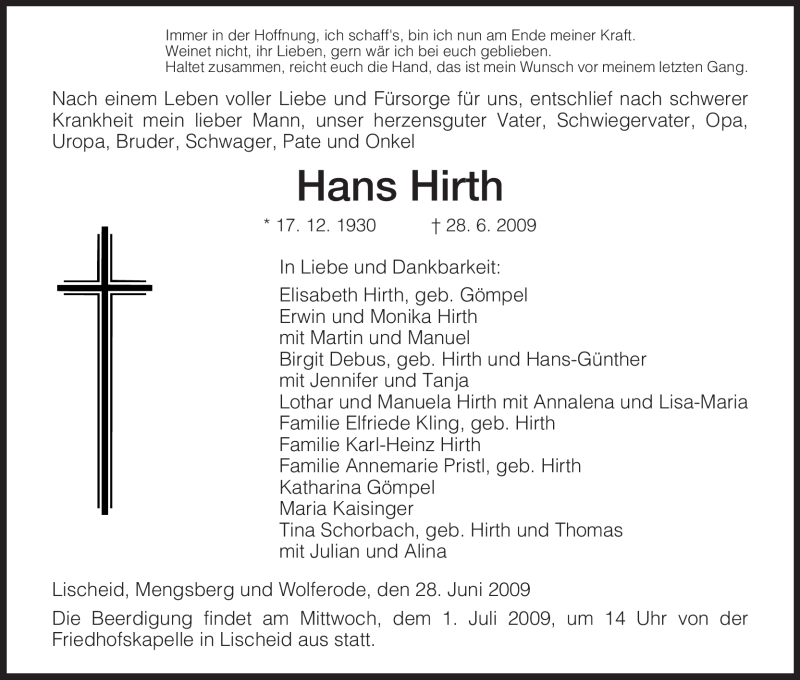  Traueranzeige für Hans Hirth vom 30.06.2009 aus HNA