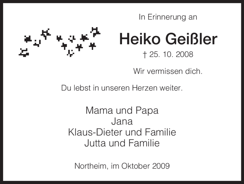  Traueranzeige für Heiko Geißler vom 24.10.2009 aus HNA