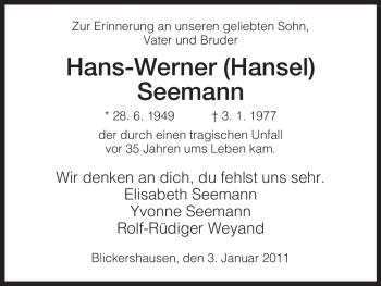 Traueranzeige von Hans-Werner Seemann von HNA