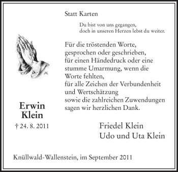 Traueranzeige von Erwin Klein von HNA