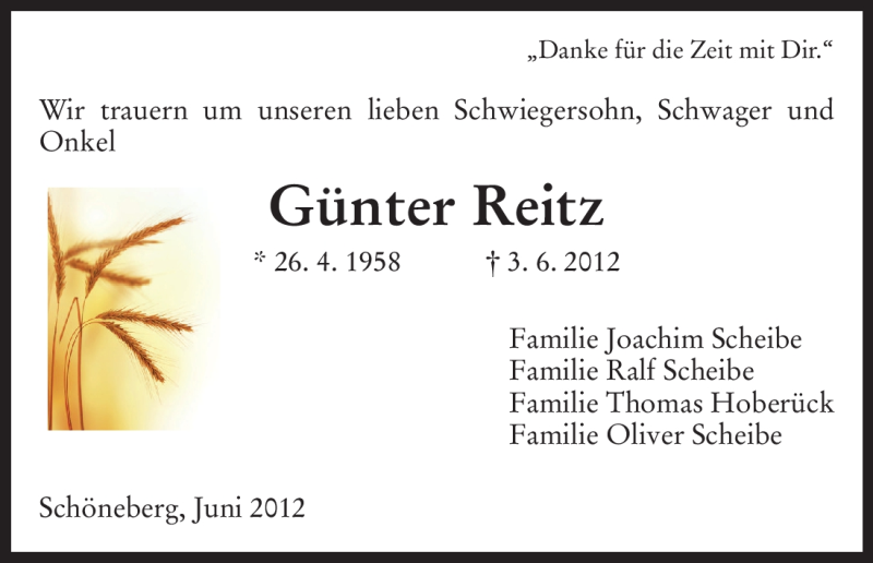  Traueranzeige für Günter Reitz vom 06.06.2012 aus HNA