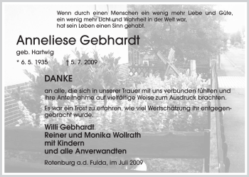 Traueranzeige von Anneliese Gebhardt von HNA