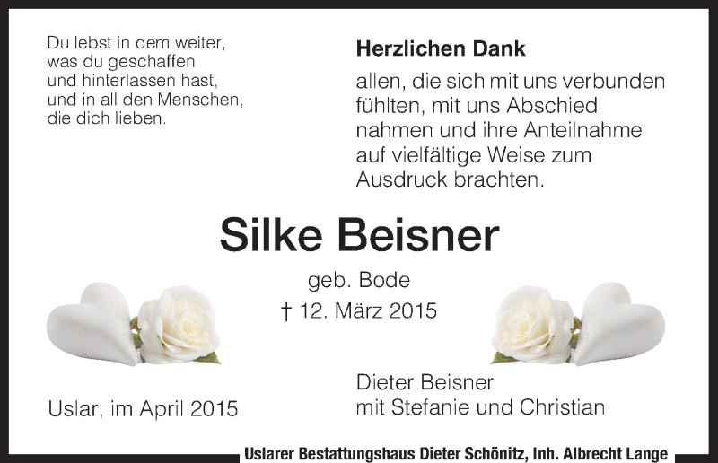  Traueranzeige für Silke Beisner vom 11.04.2015 aus HNA